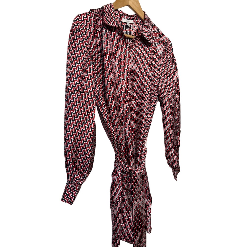 Joie Razi 100% Silk Collared Belted Mini Dress Red Black Geometric Size M EUC